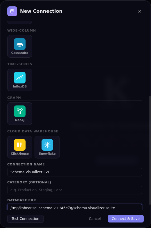 KobeanSQL add connection flow with categorized database picker and successful connection test before save