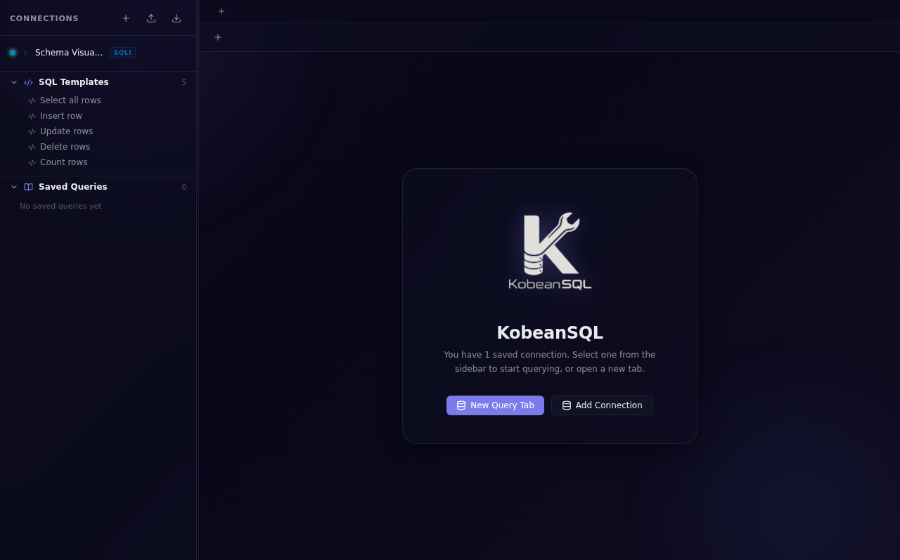 KobeanSQL main window with sidebar schema browser showing databases, tables, and columns